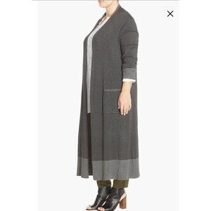 EILEEN FISHER Long Gray Striped Cardigan Knit Duster Bamboo Open Front Size L